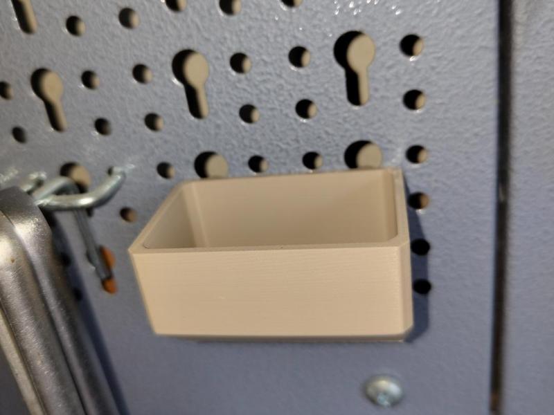 Small parts bin for Torack pegboard system