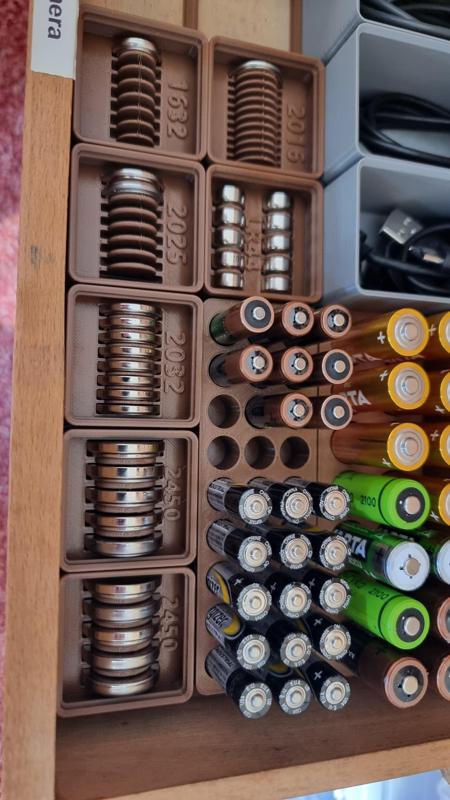 Coin cell battery boxes for Gridfinity - Named