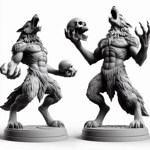 141 Ivory Werewolf Howling with Skull - Minimalist Statue, character, monster, fantasy, art, sculpture, model, animal, 3d model, statue, creature, magic, 3d print, collectible, cat, wood, dragon, sword, base, warrior, wild, dog