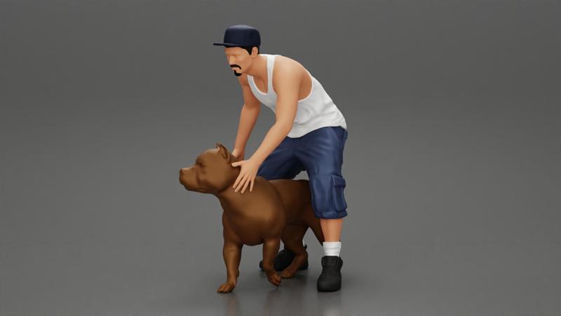 gangster homie in cap and short with his pitbull dog on the street