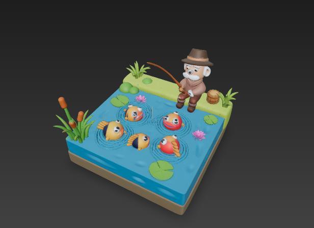 Fisherman Fishing Landscape – Whimsical Table Ornament – Cute Animal Scene