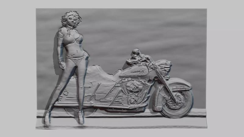 Bike girl relief sculpture