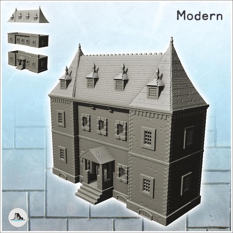 Large modern house with high spiked roof and canopy entrance (9) - Modern WW2 WW1 World War Diaroma Wargaming RPG