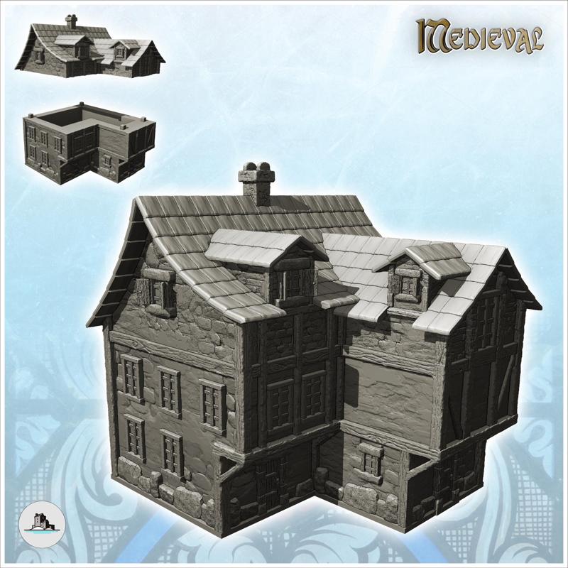 Large medieval house with offset storey and pitched roof with windows (14) - Medieval Gothic Feudal Old Archaic Saga 28mm 15mm