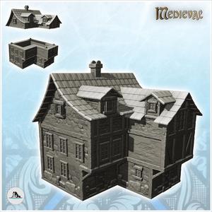 Large medieval house with offset storey and pitched roof with windows (14) - Medieval Gothic Feudal Old Archaic Saga 28mm 15mm