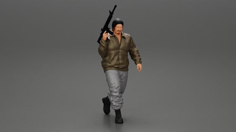 mafia gangster in jacket and pants holding a submachine gun