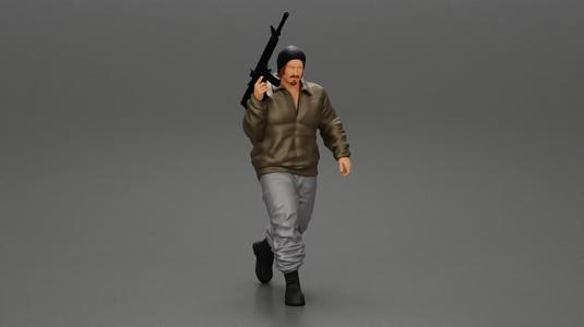 mafia gangster in jacket and pants holding a submachine gun