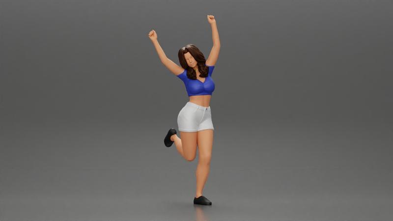 Happy girl in Mini shirt and shorts Standing on One Leg