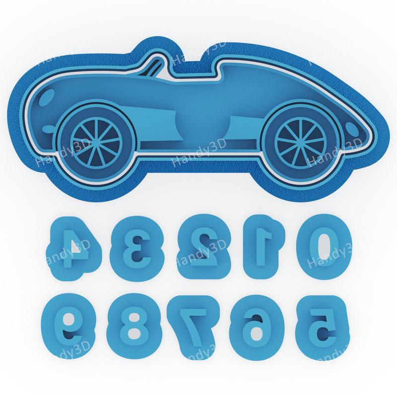 Classic Race Car Cookie Cutter with Number Stamps - 9cm