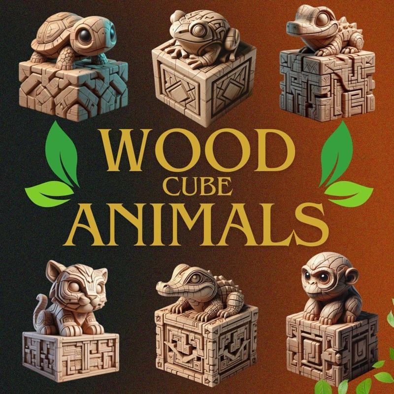 Wood Cube Animales - 3D Printing STL Collection - 6 Ethnic Style Animal Carved Cubes