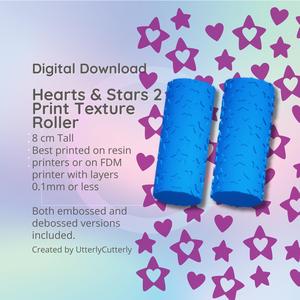 Heart & Stars 2 Texture Roller, Valentines Digital File- STL - Embossed and Debossed included
