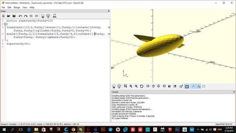 OpenSCAD: Intermediates - Modularity - SUPERWACKY SPACESHIP - 21st SEPT 2015