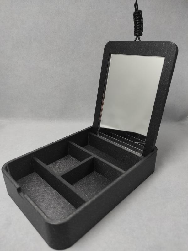 Jewellery box with mirror and cord handle