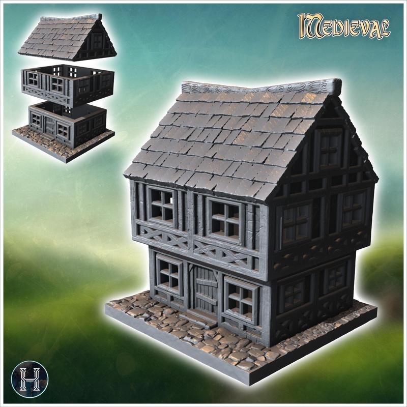 Two-story medieval house with a steep roof, multiple windows, and stone foundation (6) - Medieval Gothic Feudal Old Archaic Saga 28mm 15mm RPG