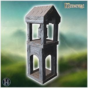 Wooden bell tower with a shingled roof, arched windows, and visible support beams (5) - Medieval Gothic Feudal Old Archaic Saga 28mm 15mm RPG