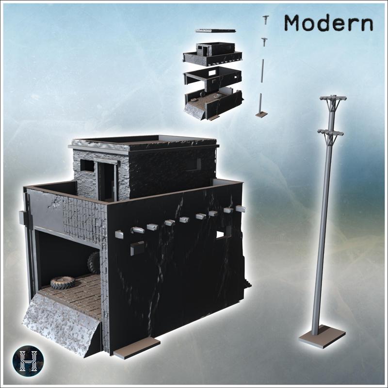 Modern flat-roofed building with indoor garage and electrical poles (9) - Modern WW2 WW1 World War Diaroma Wargaming RPG Mini Hobby