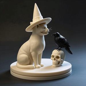 2014 Witch Cat Composition - Skull, Raven & Candleholder on Shared Ivory Base, magic, dragon, serpent, mask, gnome, gorgon, venetian carnival, wild, fox, monster, cat, fair, witch, werewolf, horror, beast, snake, troll, skeleton dance