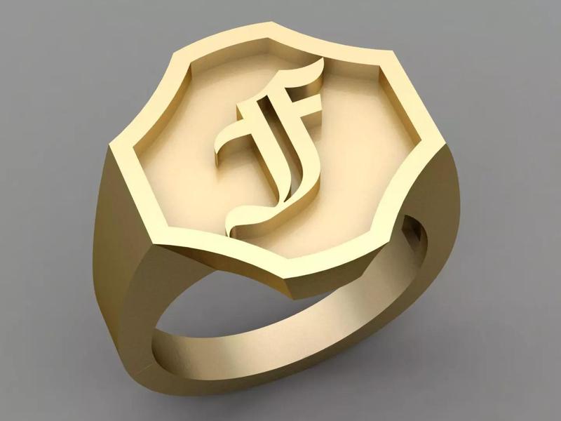 F Letter Classy Solid 14K Gold Name Initial Signet Ring Mens