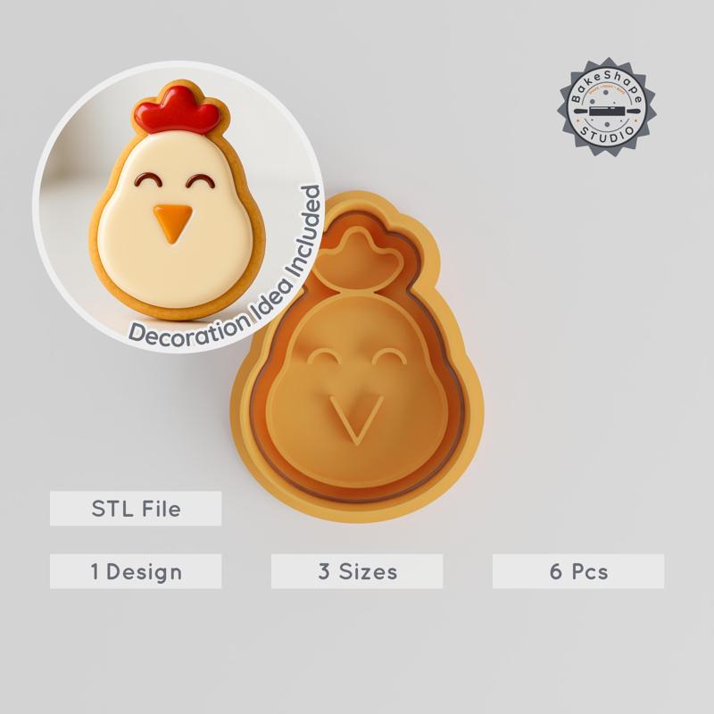 Chicken Shape Cutter & Stamp, Cookie & Fondant, S/M/L, 6-Piece Set, Farm Poultry Design, Barnyard Bird Theme