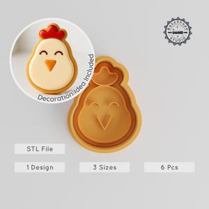 Chicken Shape Cutter & Stamp, Cookie & Fondant, S/M/L, 6-Piece Set, Farm Poultry Design, Barnyard Bird Theme