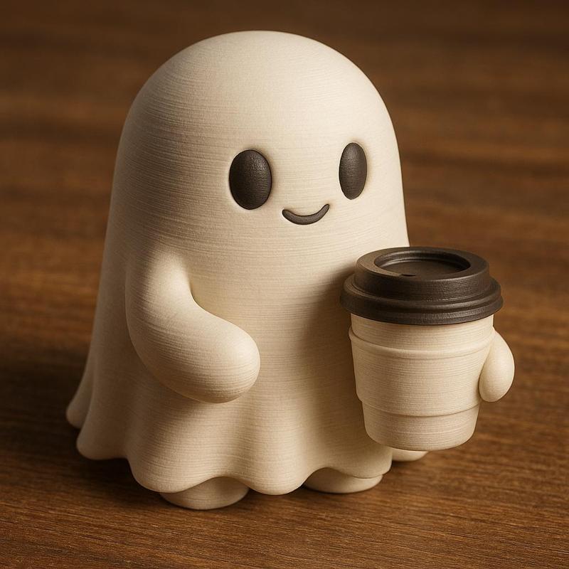 Cute Ghost with Coffee Cup – Kawaii Halloween 3D Print Figurine