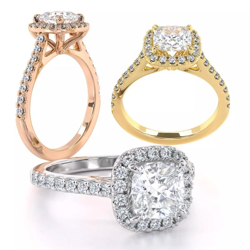 Cushion Cut Engagement Ring One Row Pave Diamond Band