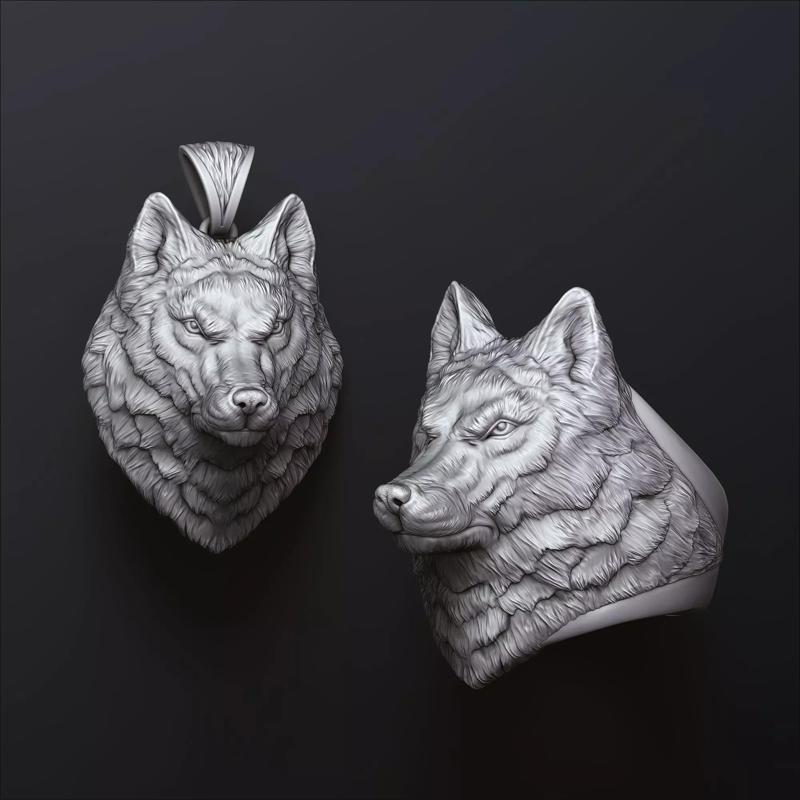 Wolf Head Ring Pendant Set