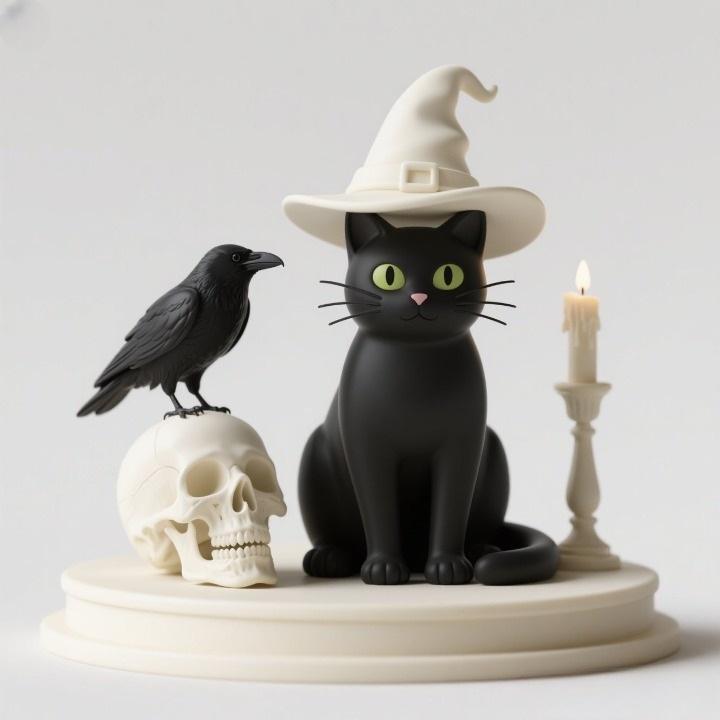 2345 Witch Cat with Skull, Raven, and Candlestick - Ivory-Style Figurine, magic, dragon, serpent, wood, gnome, gorgon, warrior, wild, fox, monster, cat, fair, witch, werewolf, horror, beast, snake, troll, skeleton dance