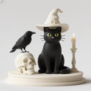 2345 Witch Cat with Skull, Raven, and Candlestick - Ivory-Style Figurine, magic, dragon, serpent, wood, gnome, gorgon, warrior, wild, fox, monster, cat, fair, witch, werewolf, horror, beast, snake, troll, skeleton dance