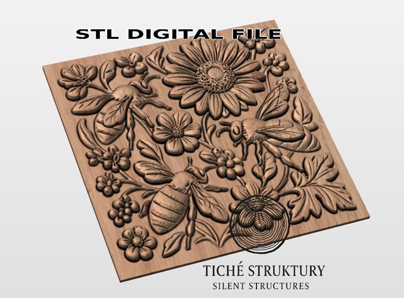 Bees and Flowers – Decorative Relief – 3D STL Model