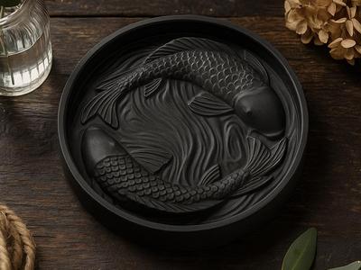 Koi Carp Tray – Round Black Zen Fish Plate