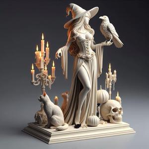 331 Elegant Witch with Candles, Raven, and Cat - Full-Body Figurine, 3d model, statue, 3d print, magic, creature, sculpture, fantasy, art, dragon, wood, base, sword, warrior, wild, low poly, lion, monkey