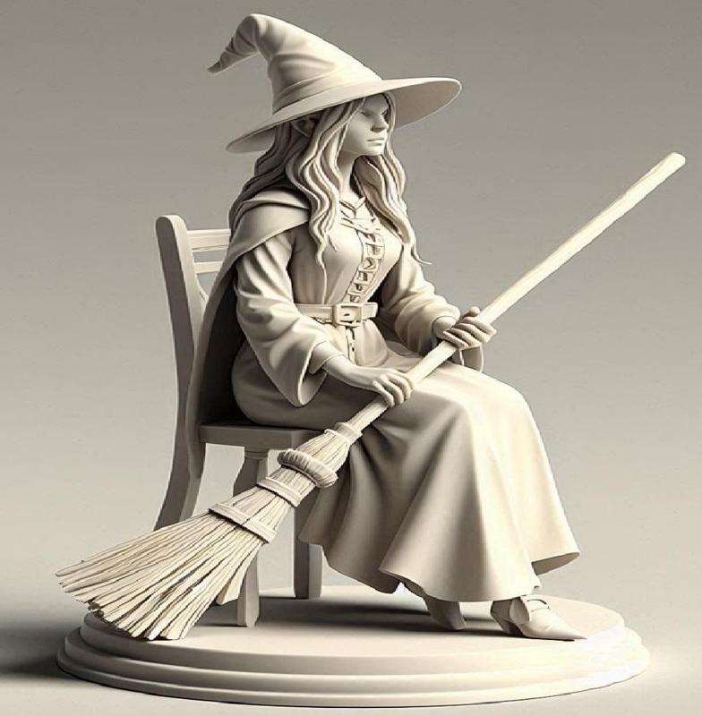 058 Ivory Witch on Chair with a broom in hands - 3D Figurine, character, monster, fantasy, art, sculpture, model, animal, 3d model, statue, creature, magic, 3d print, collectible, cat, wood, dragon, sword, base, warrior, wild, dog