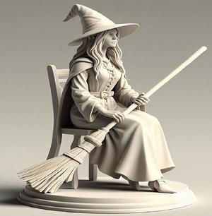 058 Ivory Witch on Chair with a broom in hands - 3D Figurine, character, monster, fantasy, art, sculpture, model, animal, 3d model, statue, creature, magic, 3d print, collectible, cat, wood, dragon, sword, base, warrior, wild, dog
