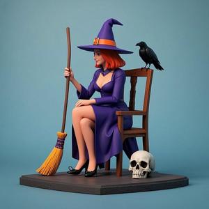1387 Elegant Witch with Broom, Raven and Skull - Colorful Full-Body Figurine, magic, creature, fantasy, wood, gnome, gorgon, warrior, wild, fox, monster, cat, dog, fair, witch, werewolf, horror, beast, gothic, troll