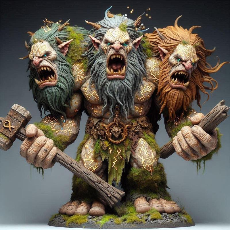 680 Three-Headed Troll - 3D-Printed Fantasy Statue with Club, character, sculpture, statue, creature, low poly, collectible, wood, sword, base, warrior, wild, dog, dragon, dnd, cat, monster hunter, monster, totem, totemic