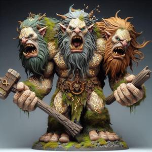 680 Three-Headed Troll - 3D-Printed Fantasy Statue with Club, character, sculpture, statue, creature, low poly, collectible, wood, sword, base, warrior, wild, dog, dragon, dnd, cat, monster hunter, monster, totem, totemic