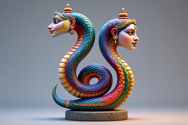 1565 Color 3D Model of a Dancing Two-Headed Snake Woman in Indian Style, magic, dragon, serpent, wood, gnome, gorgon, warrior, wild, fox, monster, cat, fair, witch, werewolf, horror, beast, snake, troll, skeleton dance