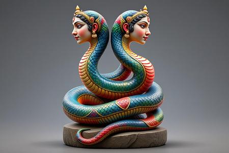 1605 Color 3D Model of a Dancing Two-Headed Snake Woman in Indian Style, magic, dragon, serpent, wood, gnome, gorgon, warrior, wild, fox, monster, cat, fair, witch, werewolf, horror, beast, snake, troll, skeleton dance