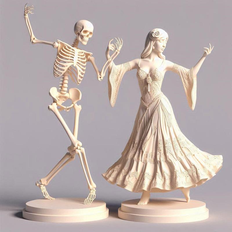 107 Tango of Life and Death - 3D-Printed Ivory-Style Minimalist Statues, magic, dragon, serpent, mask, gnome, gorgon, venetian carnival, wild, fox, monster, cat, fair, witch, werewolf, horror, beast, snake, troll, skeleton dance