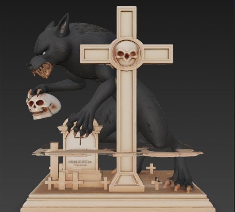 850 Ivory Werewolf Howling with Skull - 3D Model, magic, creature, fantasy, wood, base, sword, warrior, wild, cat, monster, dog, godzilla, fair, witch, werewolf, horror, beast, gothic, troll