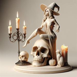 789 Elegant White Witch with Candles, Cat and Skull - Full-Body Figurine, magic, creature, fantasy, wood, base, sword, warrior, wild, cat, monster, dog, godzilla, fair, witch, werewolf, horror, beast, gothic, troll