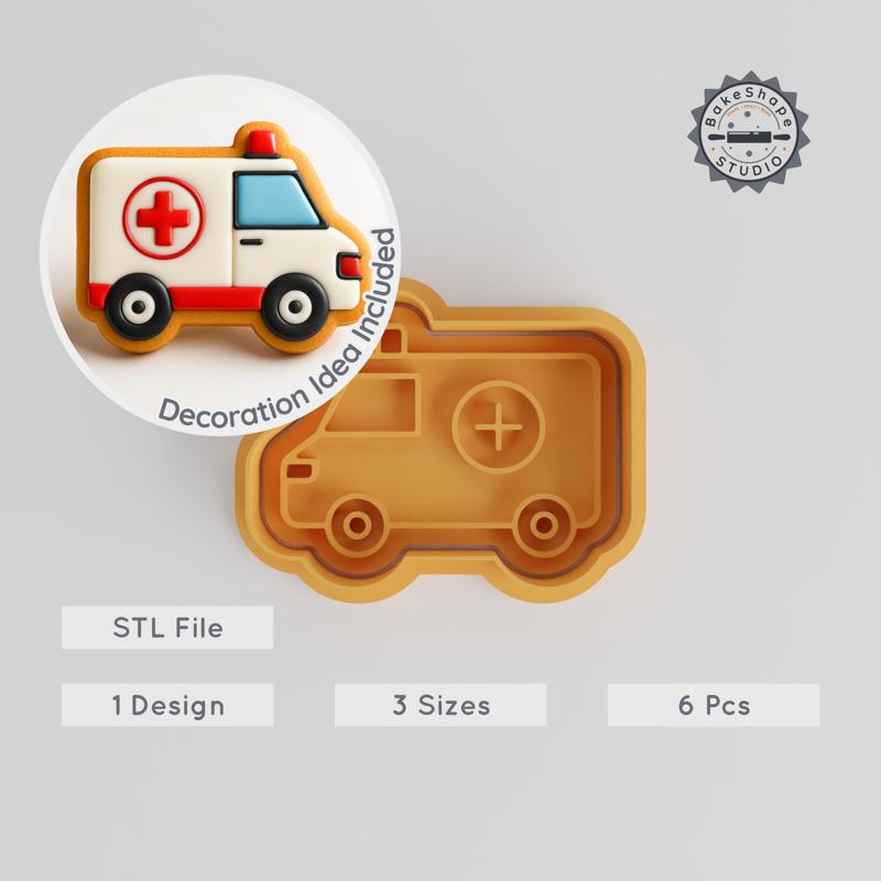 Ambulance Cookie Cutter & Stamp Set, 6 Pieces, Emergency Vehicle, Fondant Cutter, S/M/L Sizes, Medical Transport Design PRODUCT_77