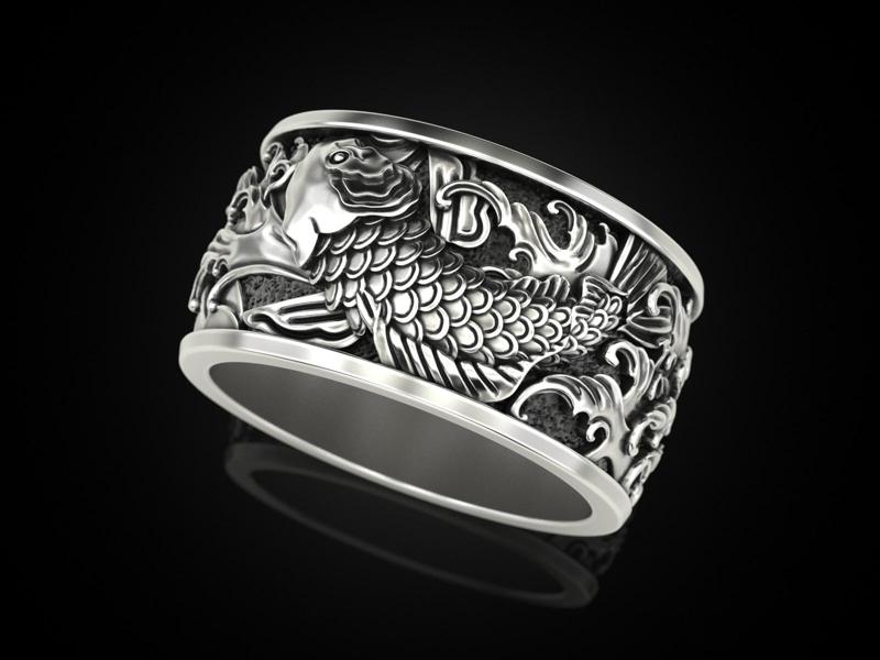 Japanese carp and waves Ring