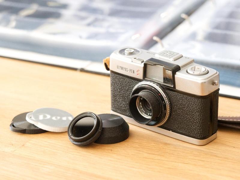 Olympus Pen (analogue camera) 28mm filter adapter, lens hood and lens cap