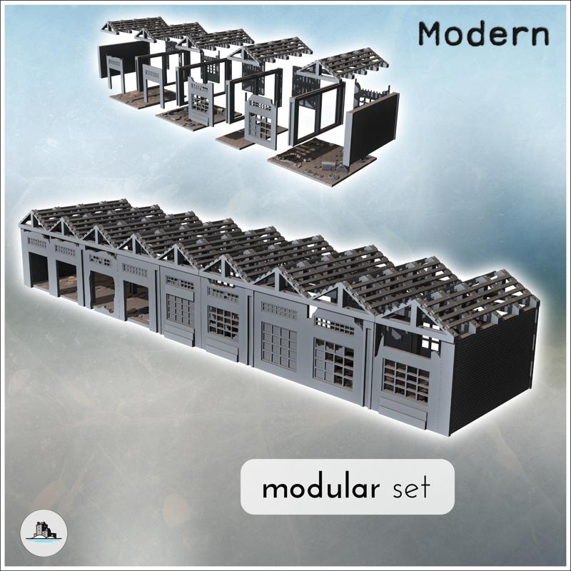 Set of damaged modular modern factories with large windows and exposed framework (34) - Modern WW2 WW1 World War Diaroma Wargaming RPG Mini Hobby