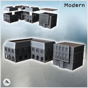 Set of two modern flat-roofed buildings with a large colonnade passage and brick walls (24) - Modern WW2 WW1 World War Diaroma Wargaming RPG Mini Hobby