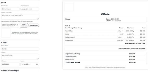 Offerten Tool für Aufträge