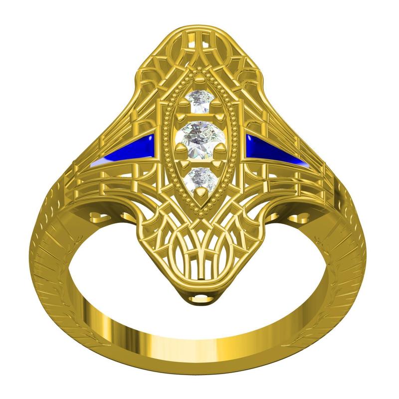 Three Round and Two Trillion Stone Art Deco Engagement Ring