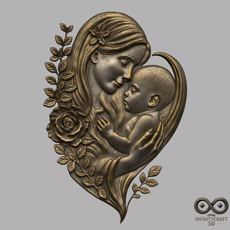 Mother and Child Heart Relief 3D Wall Art for CNC or Print